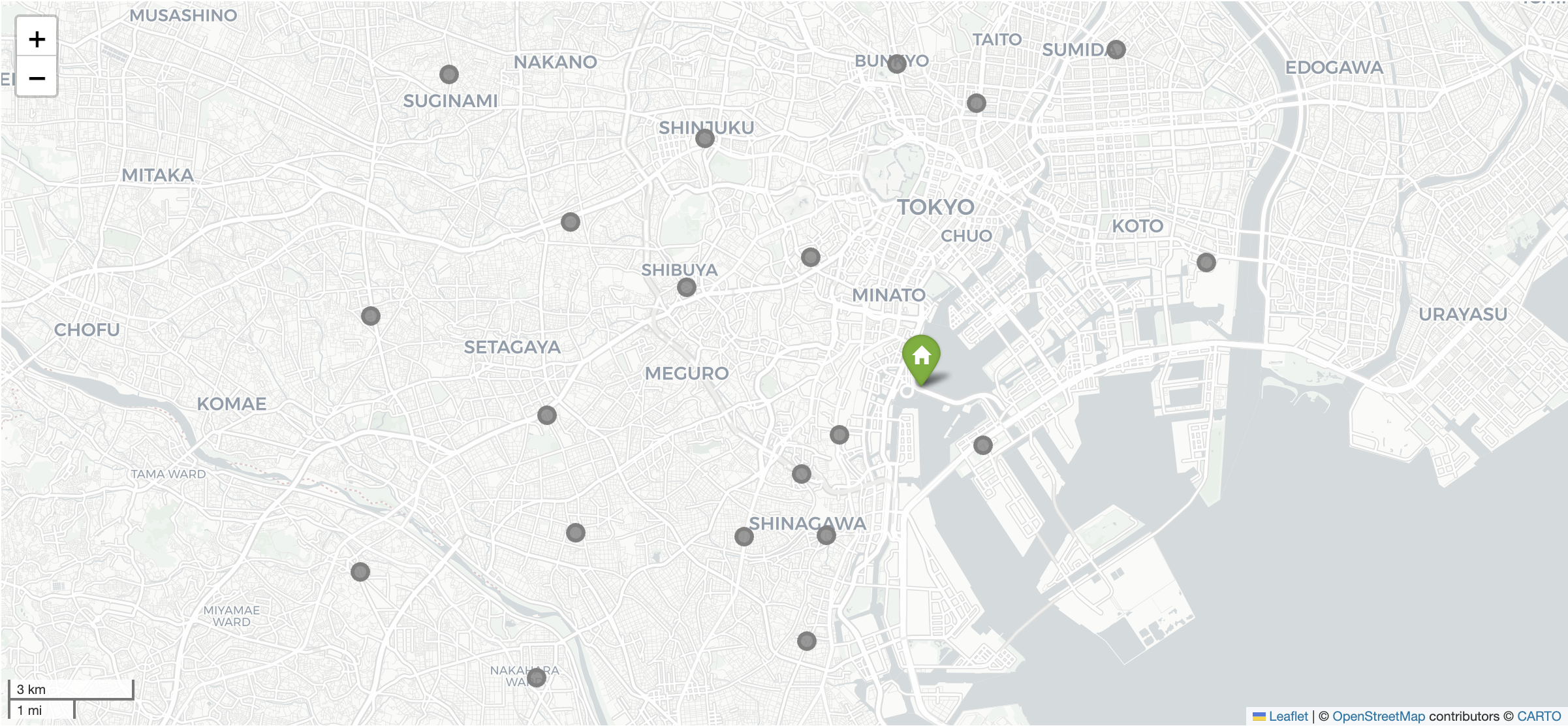 OptHub倉庫と各店舗の場所